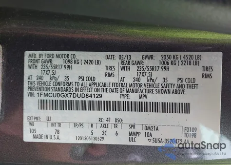 2013 Ford Escape Se z USA, uszkodzony, nr VIN 1FMCU0GX7DUD84129